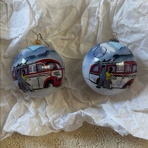 Vintage-Inspired Bus Scene Ornament in Red and Blue